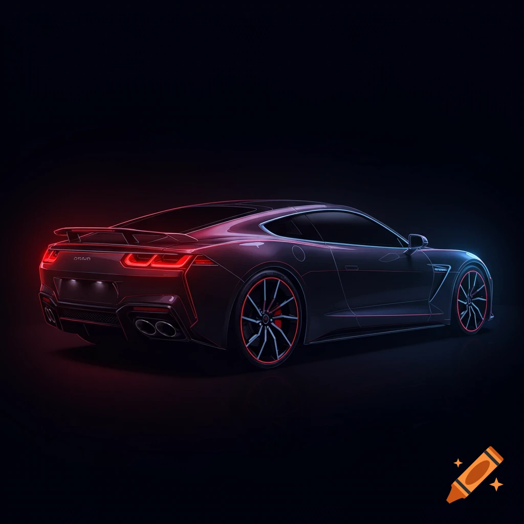 A dark sports car with neon red and blue line accents, viewed from the rear.