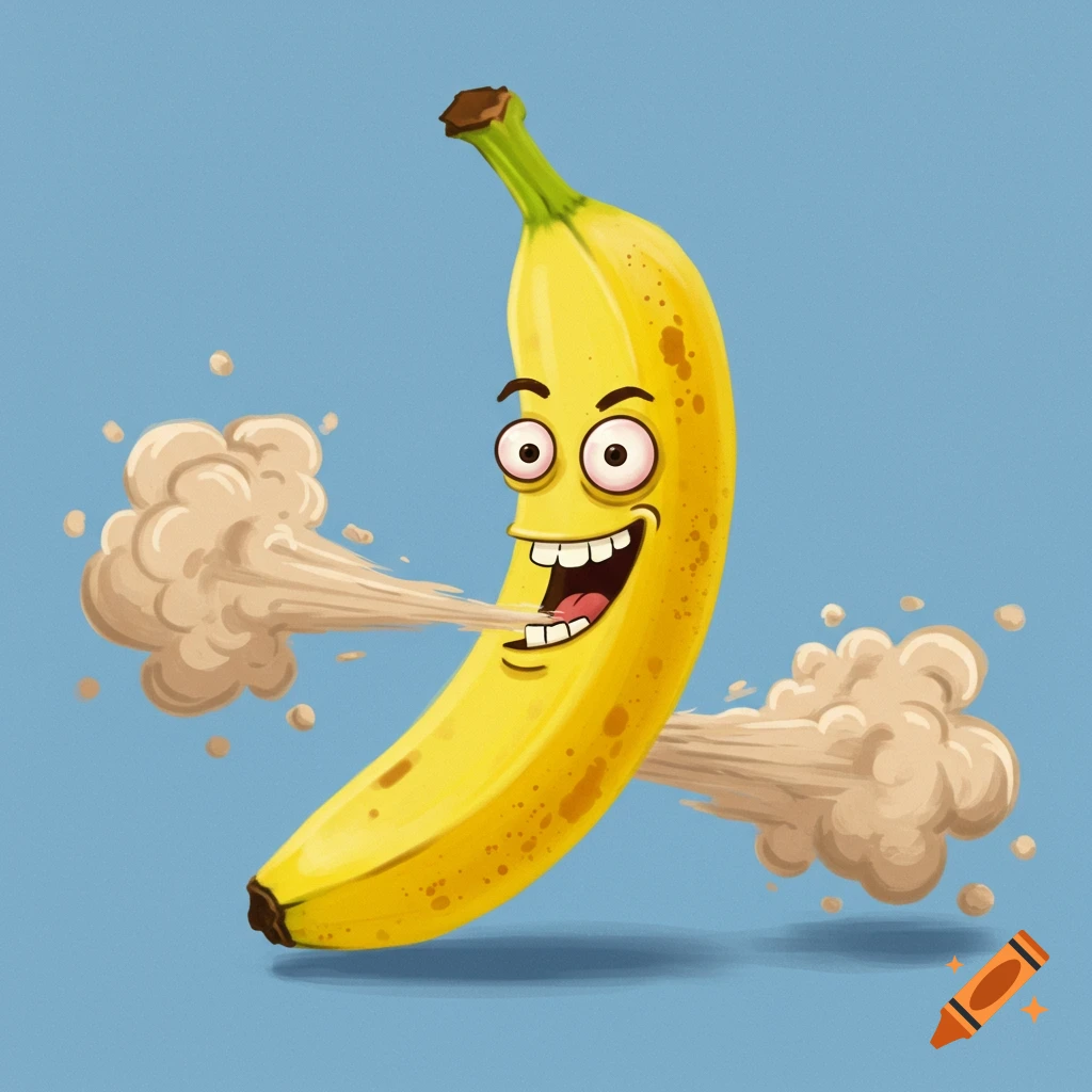 Cartoon illustration of a smiling banana farting