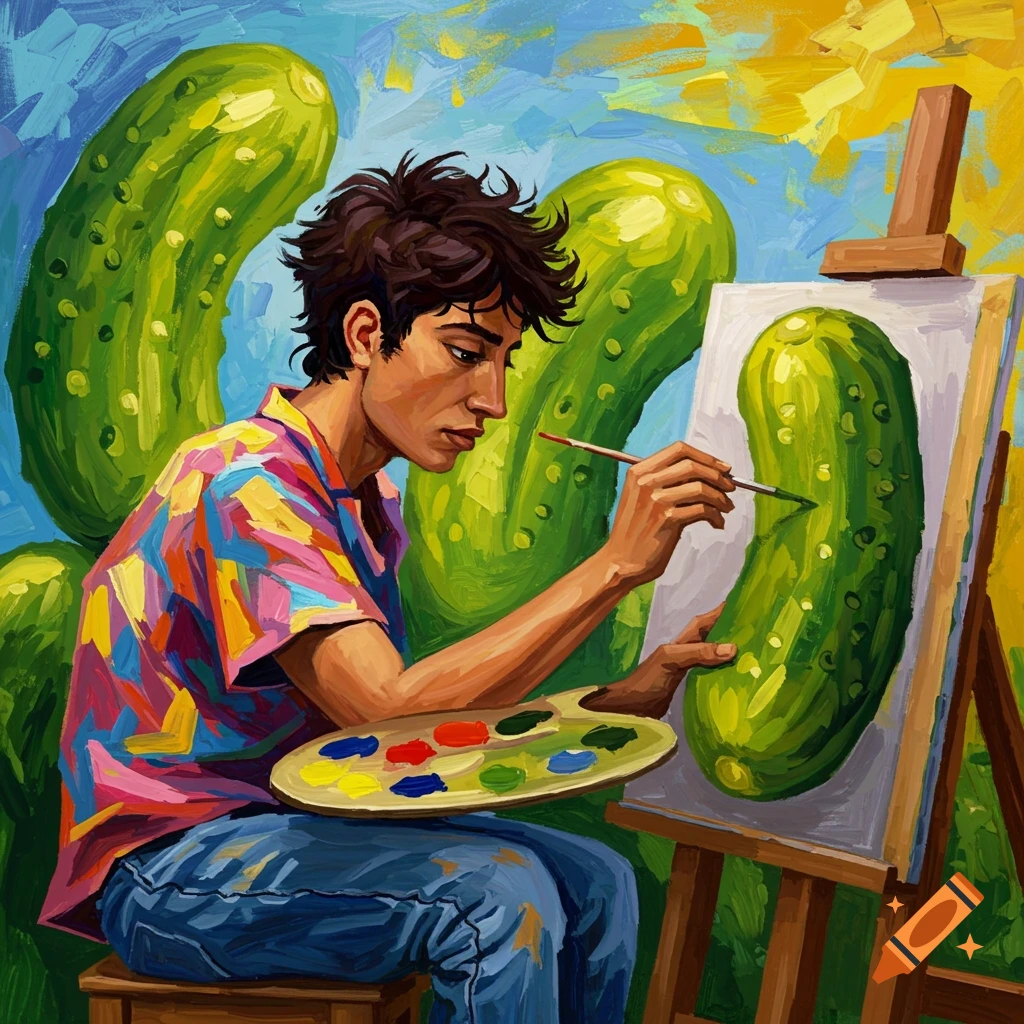 A person paints a large green pickle on a canvas.