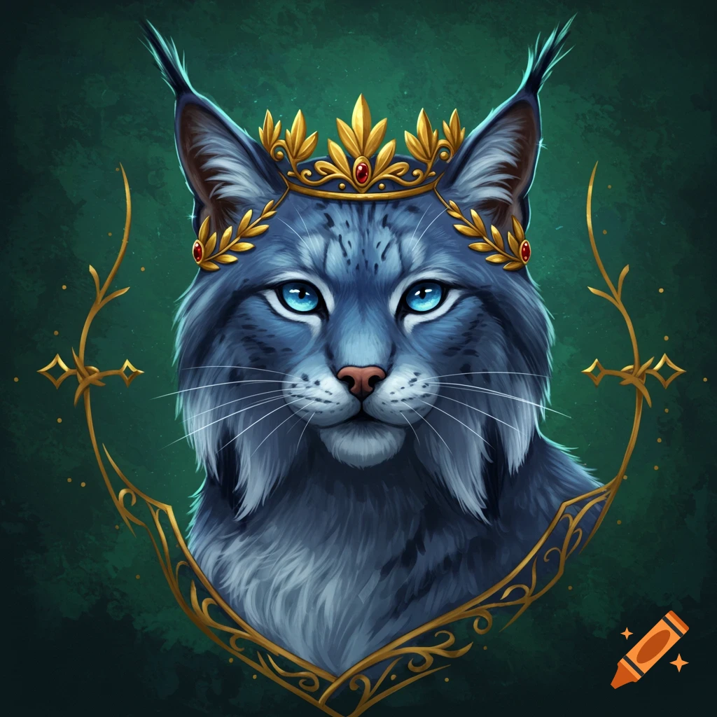 A blue-grey lynx wearing a golden crown