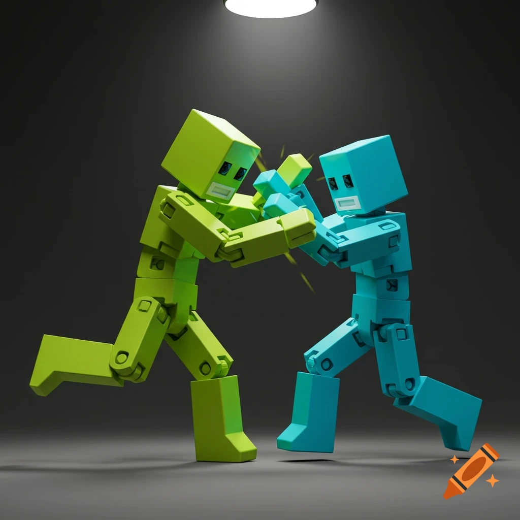 A lime green toy robot figure fighting a cyan blue toy robot figure under a spotlight.