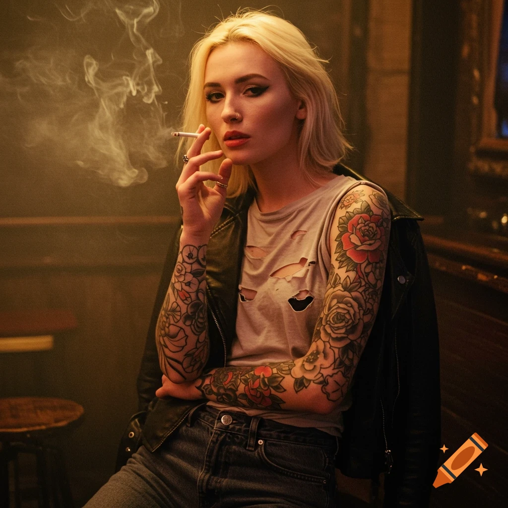 Blonde woman with tattooed arms smoking a cigarette indoors