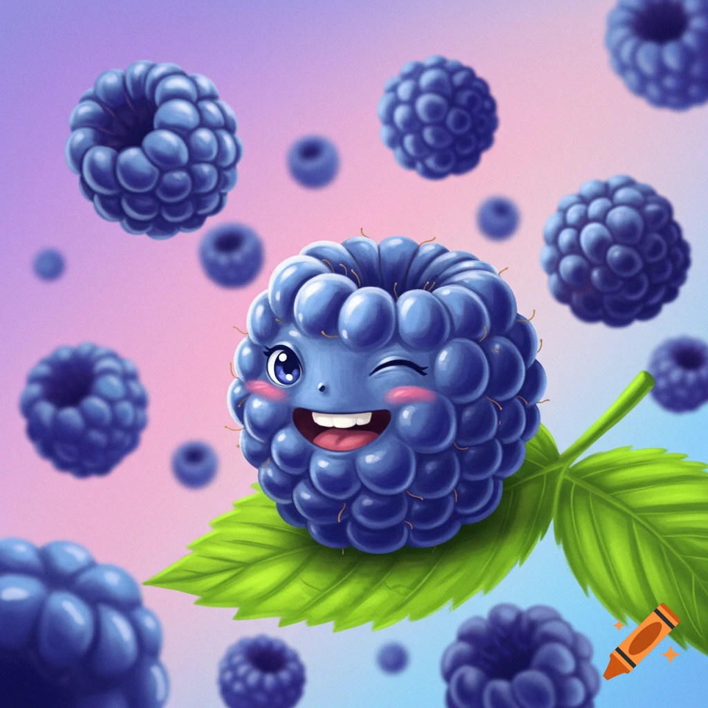 A cute winking blueberry character with cheeks, sitting on a leaf surrounded by other berries.