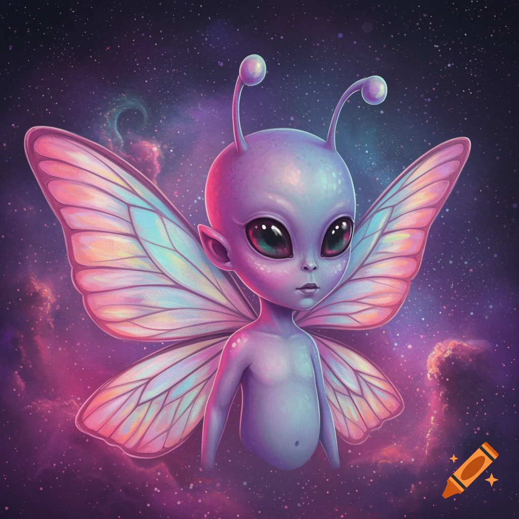 A stylized alien child with iridescent butterfly wings floats in space among nebulae.