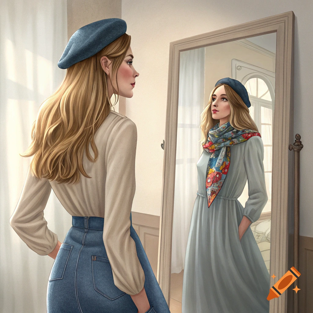 A woman in jeans looks in a mirror at her reflection wearing a dress, beret, and scarf.