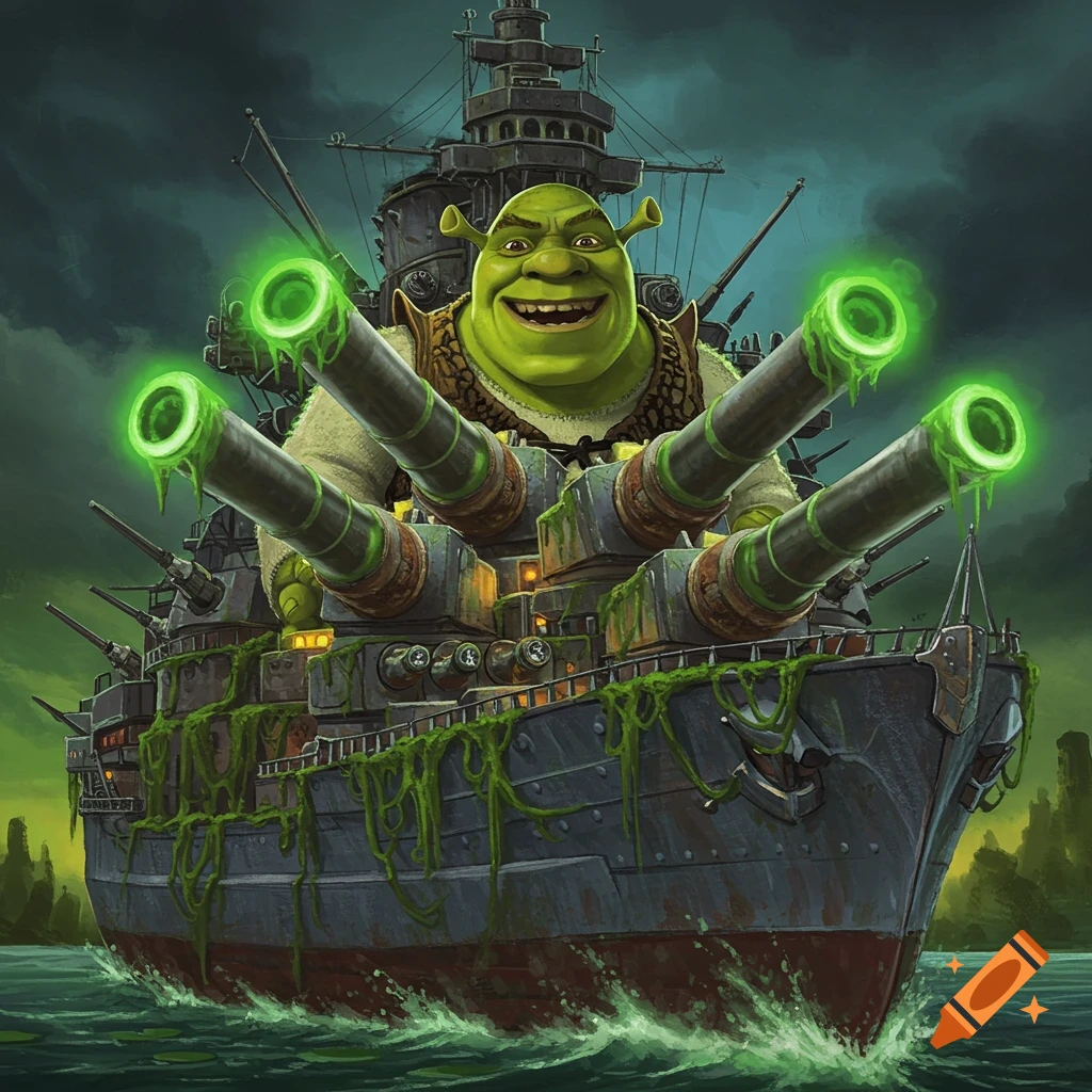 Shrek piloting a dreadnought battleship in stormy seas.