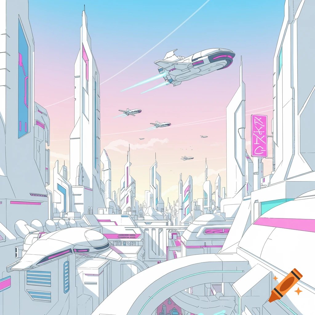 Anime style illustration of a futuristic city skyline with white buildings and flying vehicles.