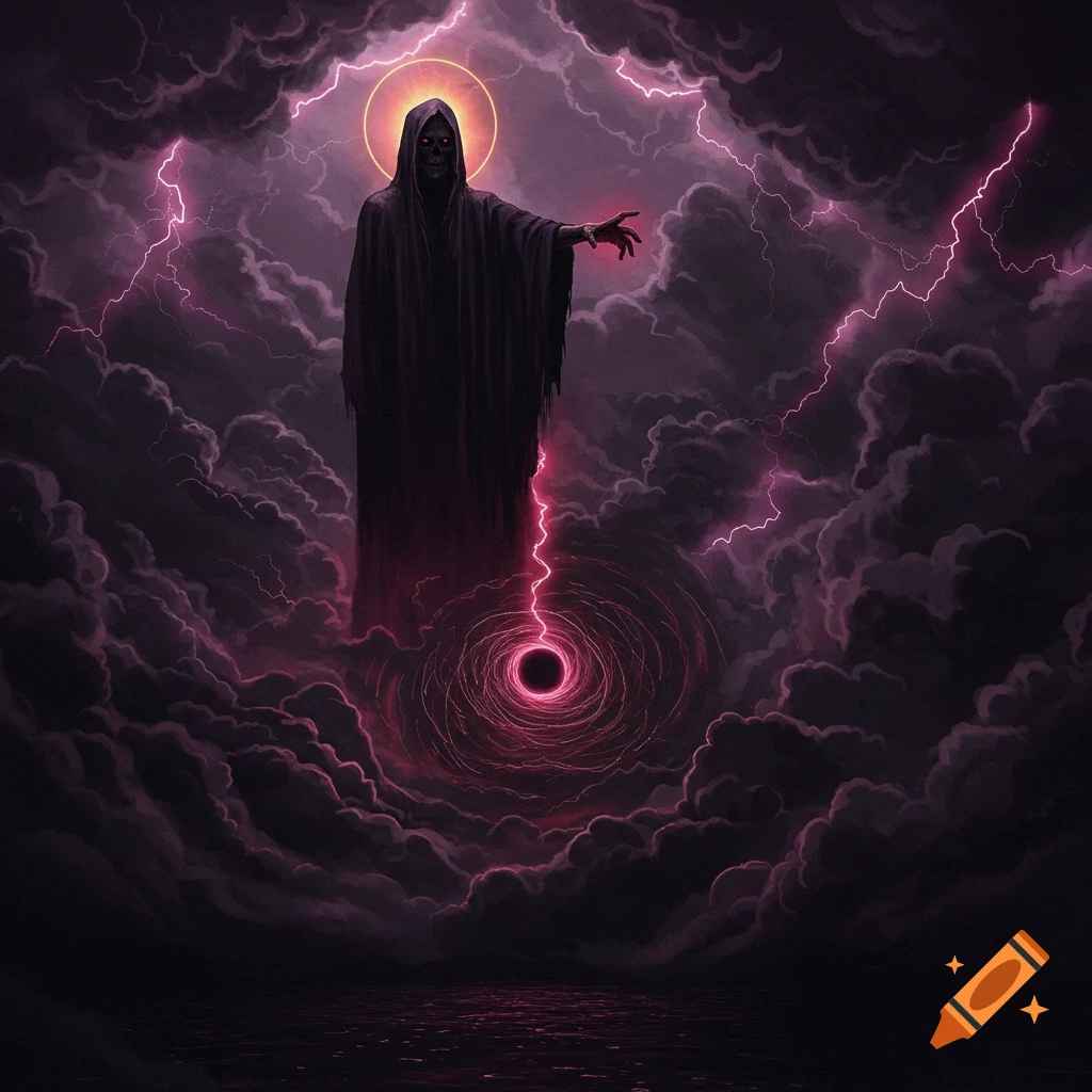 Dark hooded figure with red eyes summoning lightning and a vortex in stormy gothic sky