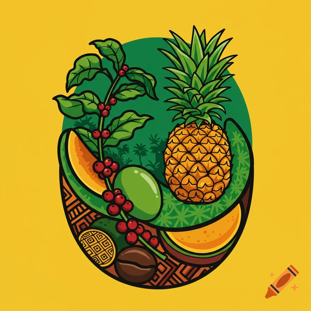 Illustration of pineapple, melon slices, coffee plant with berries, and coffee bean in an oval design on a yellow background.