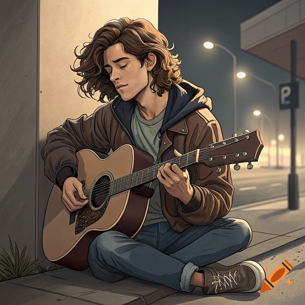 Illustration of a young man with long hair sitting on a sidewalk playing an acoustic guitar at night.