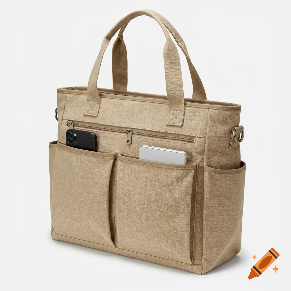 A beige canvas tote bag with multiple pockets, holding two phones.