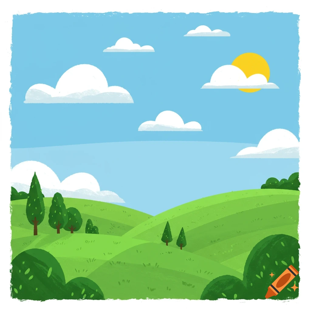 A simple illustration of a sunny landscape with green hills, trees, clouds, and blue sky.