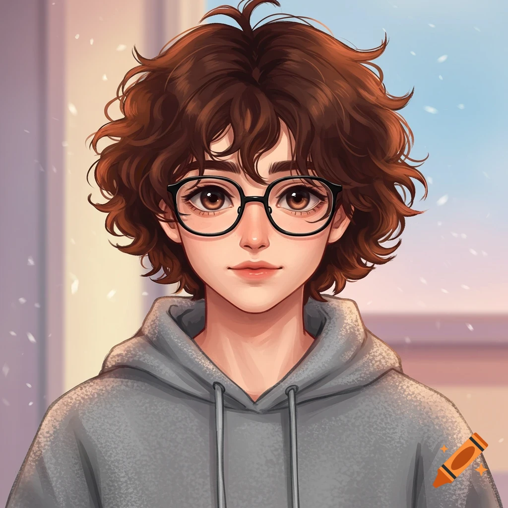 Anime portrait of a person with brown curly hair, glasses, and a gray hoodie.