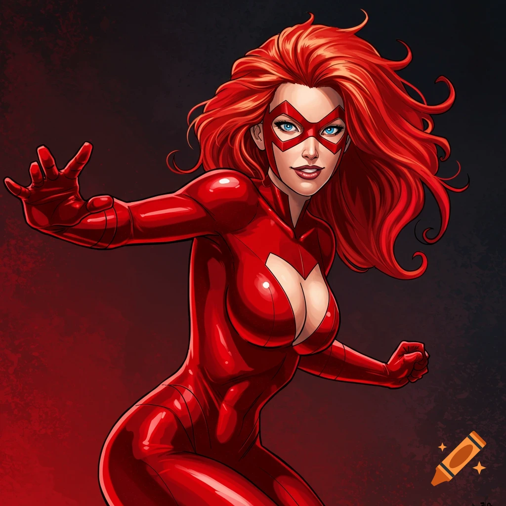 A female superhero in a shiny red suit and mask is reaching out.