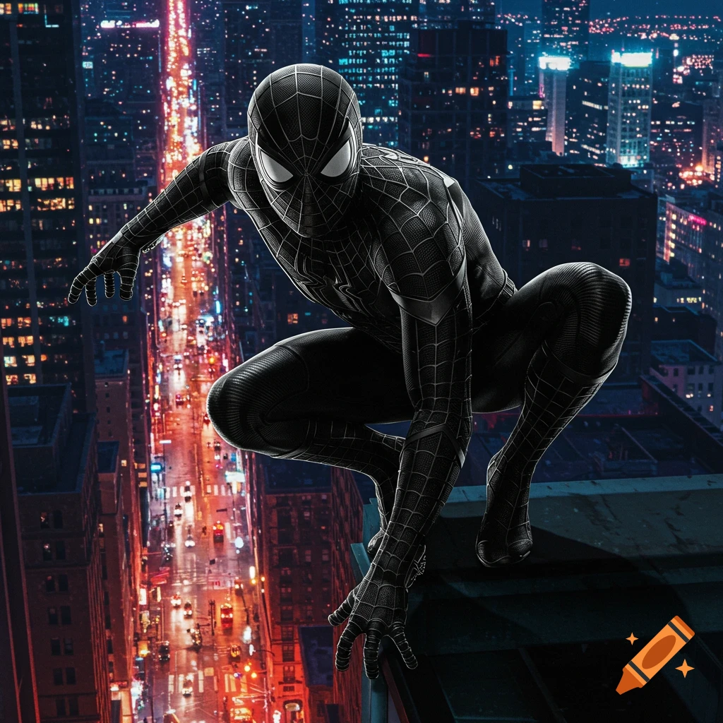 Spider-Man in a black suit crouches on a rooftop overlooking a city street at night.