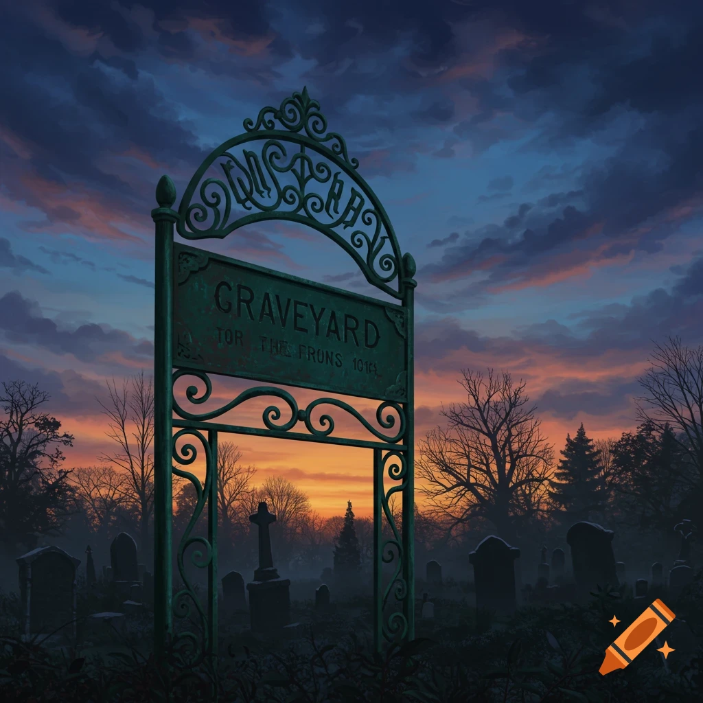 A graveyard gate with a sign against a sunset sky.