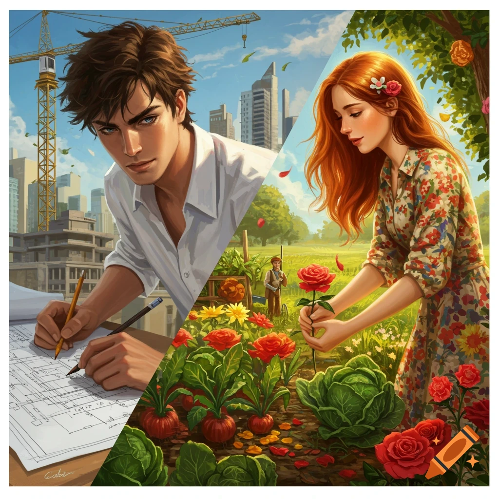 Split scene image of a man working on blueprints and a woman gardening.