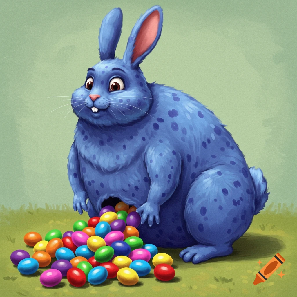 A fat blue spotted rabbit with human arms is sitting on grass with a pile of colorful Easter eggs spilling out.