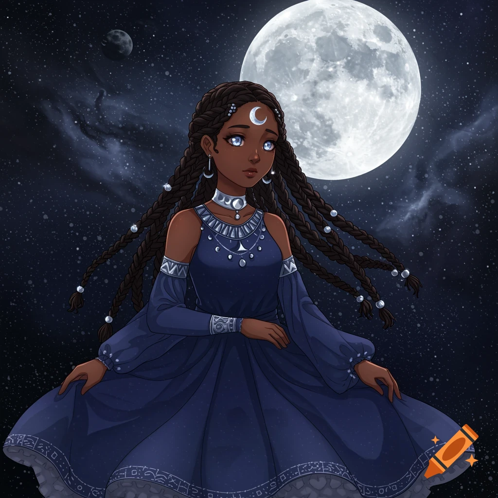 Illustration of a dark-skinned girl with braids in a blue dress against a starry space background with a large moon.