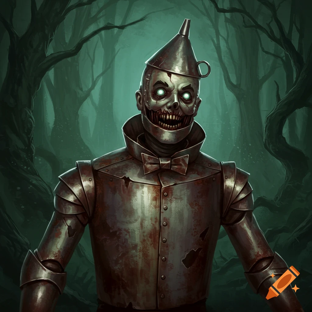 Horror version of the Tin Man with glowing eyes in a dark forest.