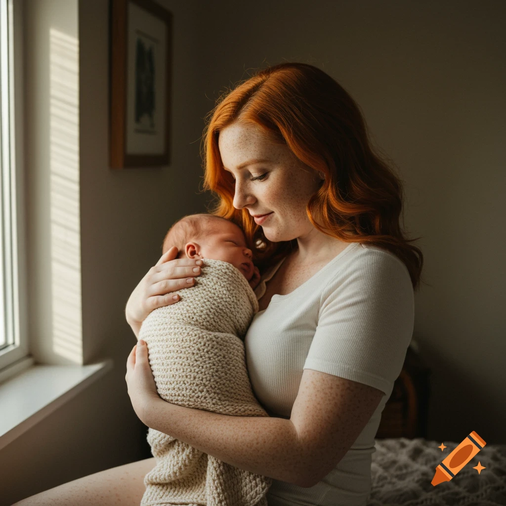 Red-haired woman holding a newborn baby in warm sunlight.
