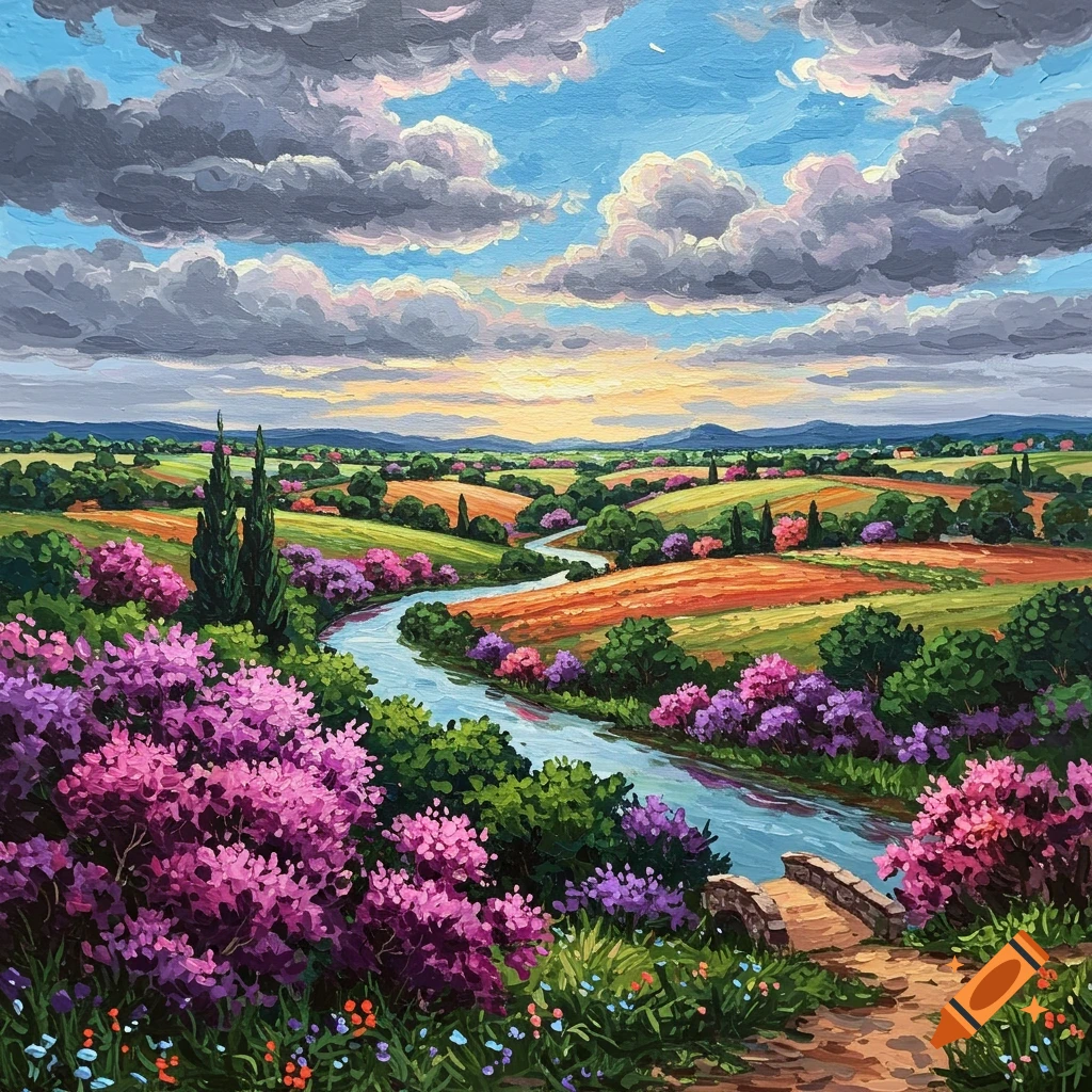 Vibrant impasto painting of a river winding through colorful fields and bushes under a dramatic cloudy sky.
