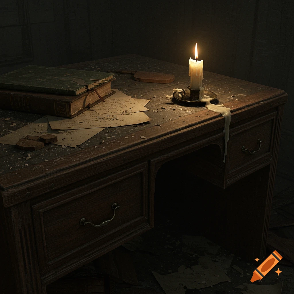 A messy desk with books, papers, and a dripping candle in a dark room.