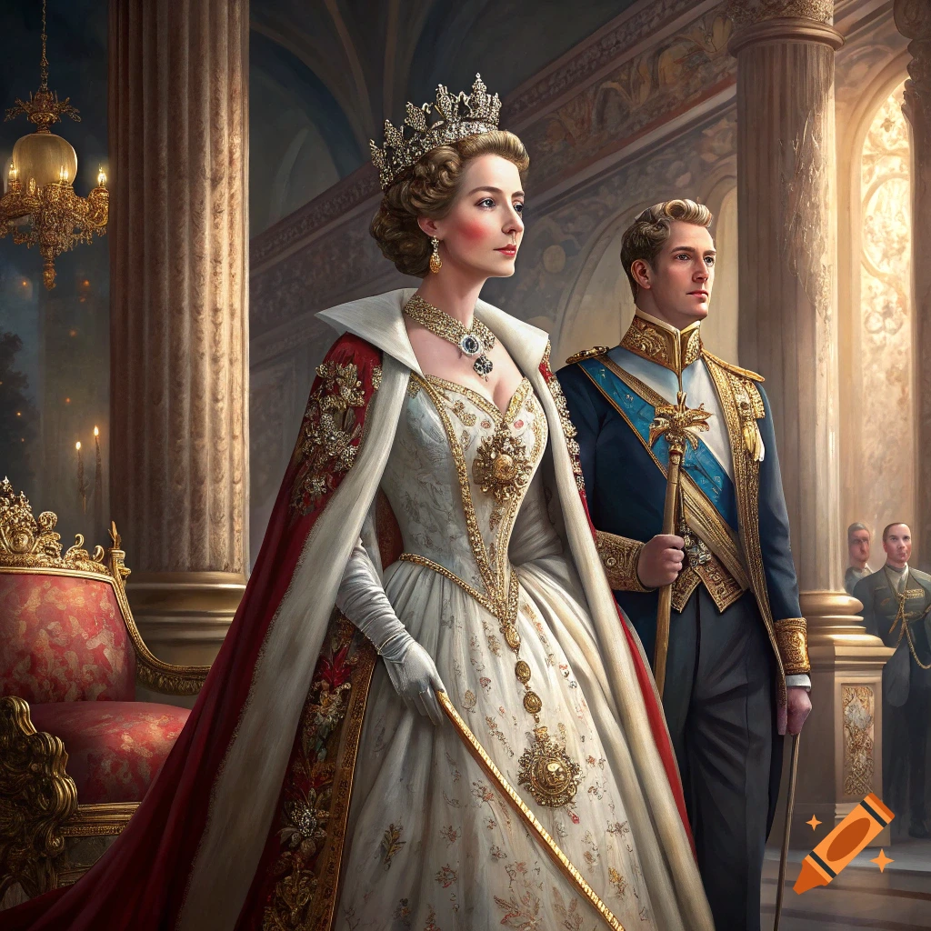 A regal queen and prince in elaborate formal attire stand in a grand palace hall.