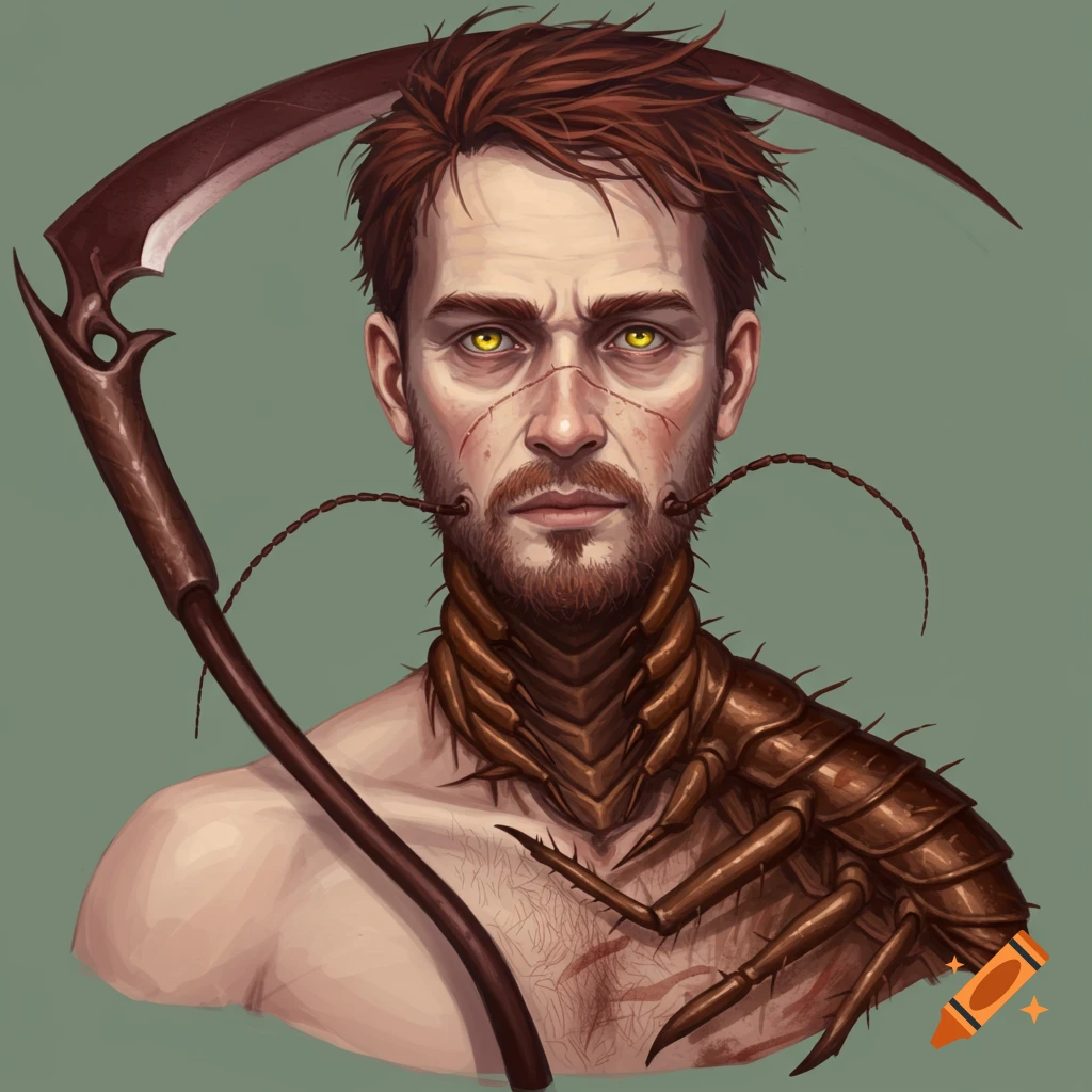 Portrait of a man with insectoid features, including chitin on his neck and shoulder, yellow eyes, and antennae, holding a large scythe.
