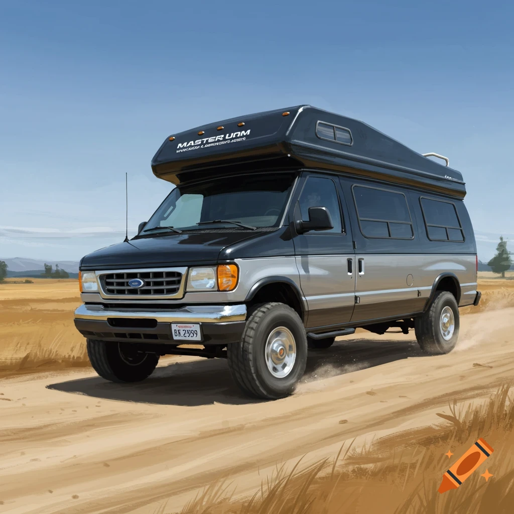 A black and silver camper van driving on a dirt road through fields under a blue sky.