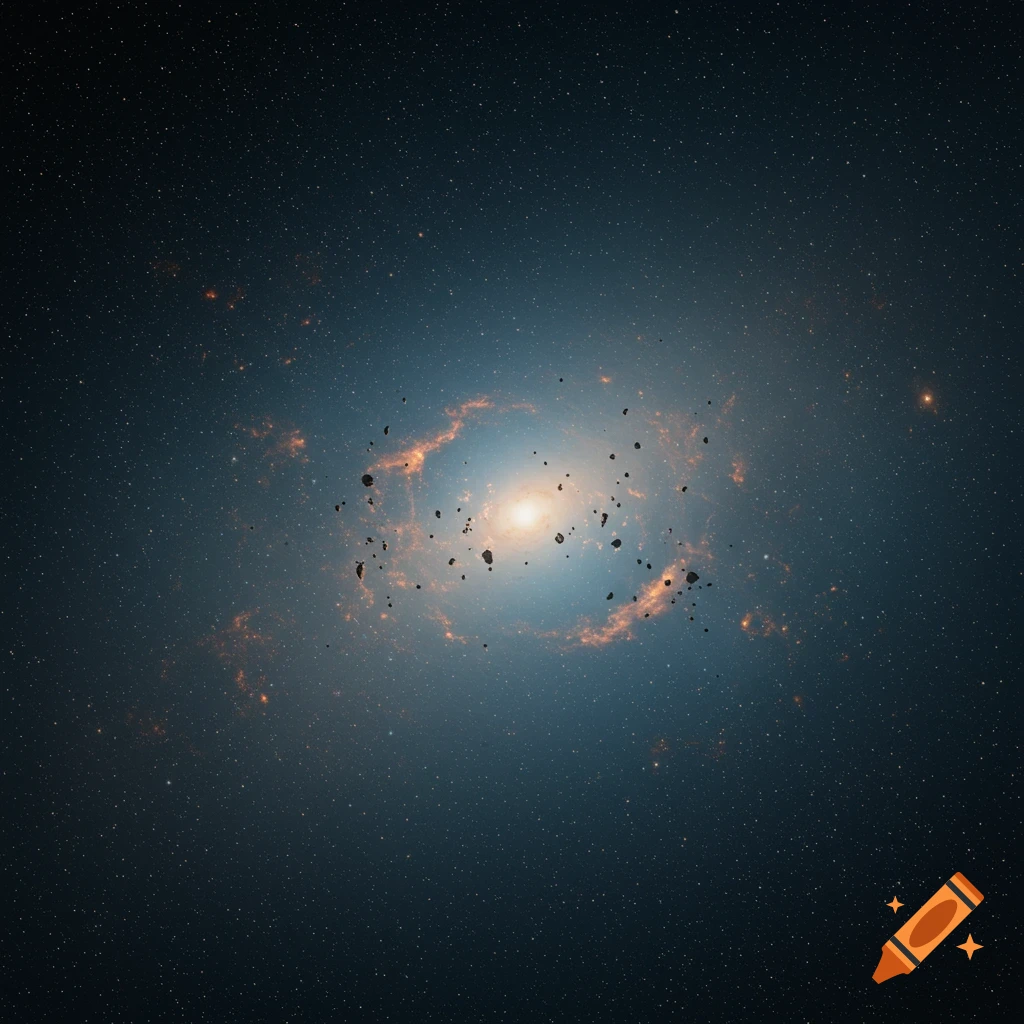 A swirling galaxy or nebula with debris and stars in space.