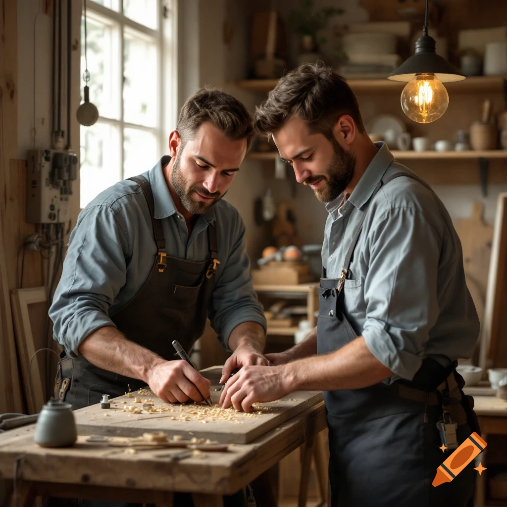 Two men woodworking on a piece of wood in a workshop, photorealistic.