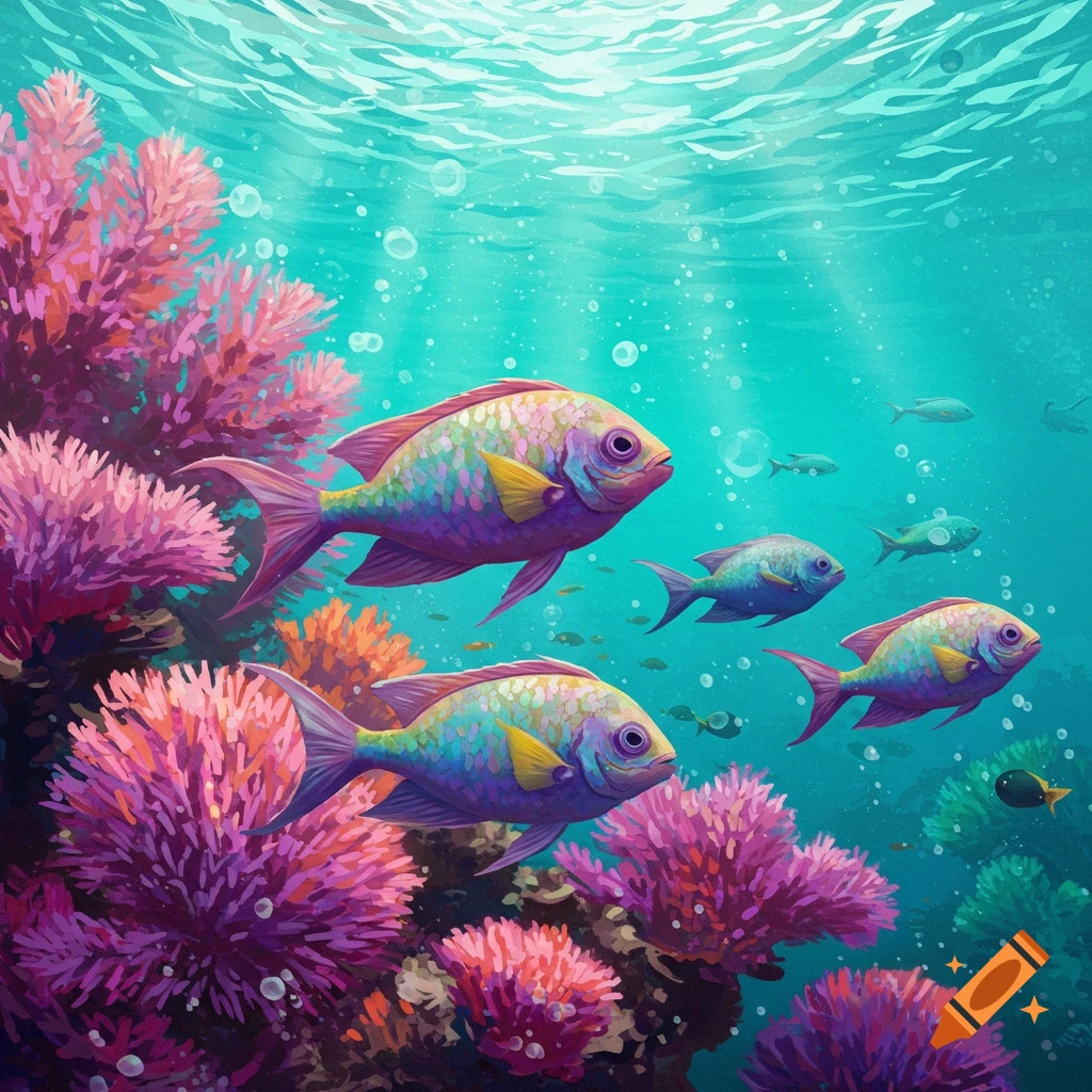 Colorful fish swim among pink and purple coral underwater.