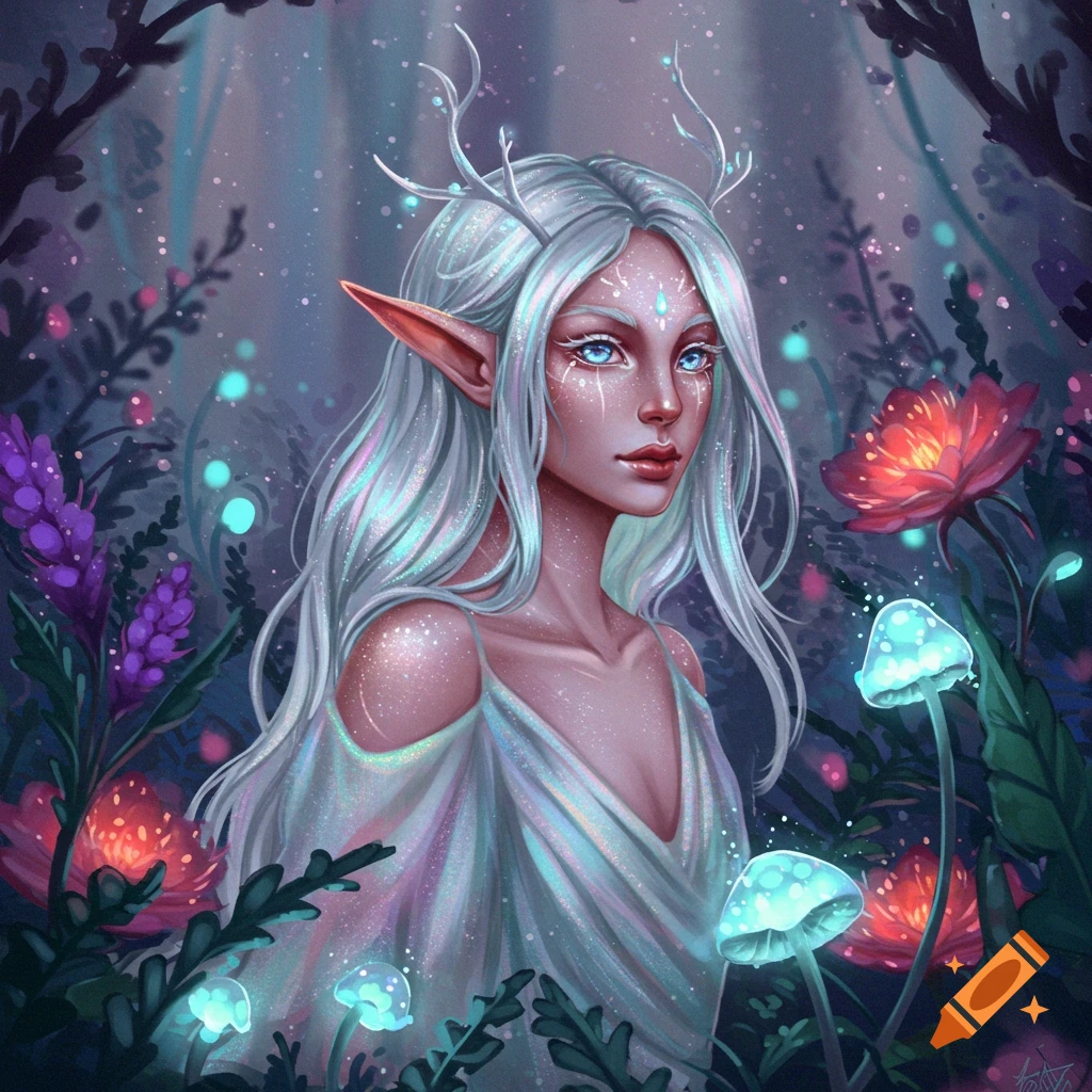 An elf-like creature with white hair and antlers is in a glowing fantasy forest.