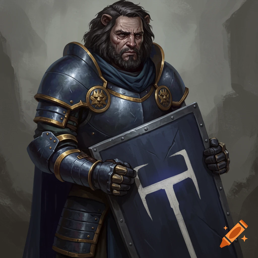 A fantasy character in dark blue plate armor holding a shield with a white symbol.