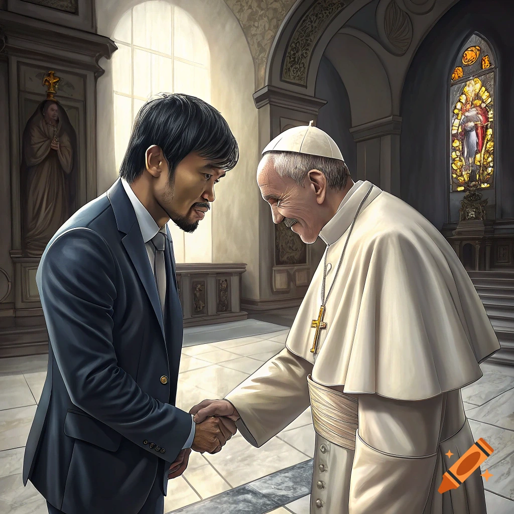 Two men, one in a suit and one in religious attire, shake hands in a church.