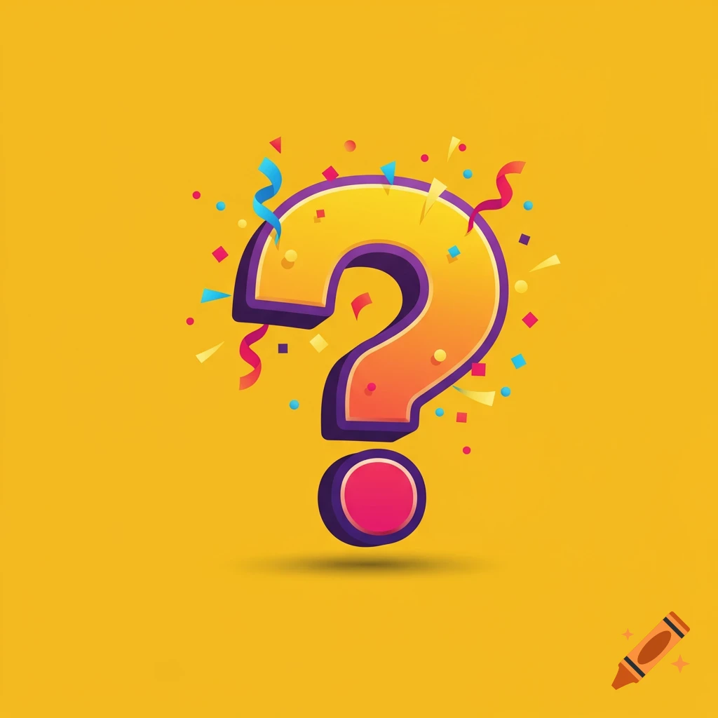 A stylized question mark surrounded by colorful confetti and streamers on a yellow background.