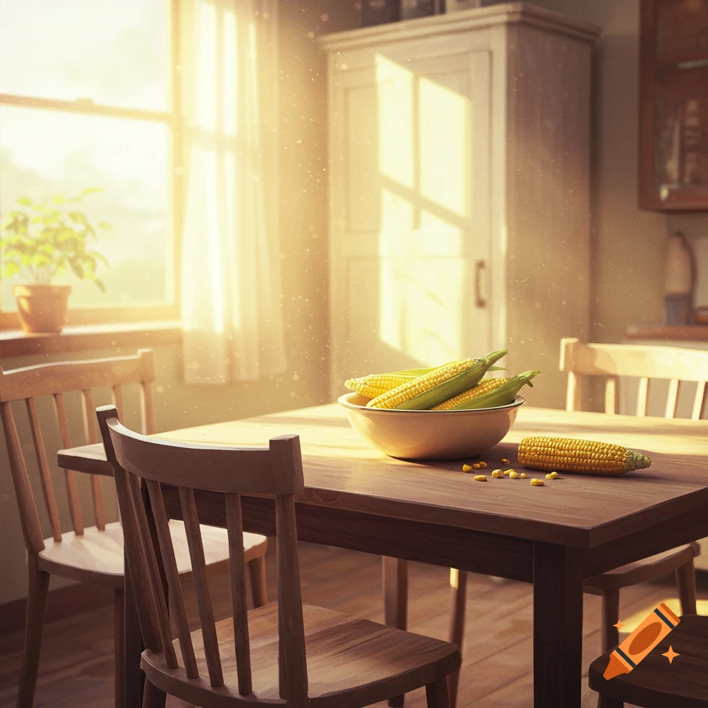 A sunlit kitchen table with a bowl of corn on the cob.
