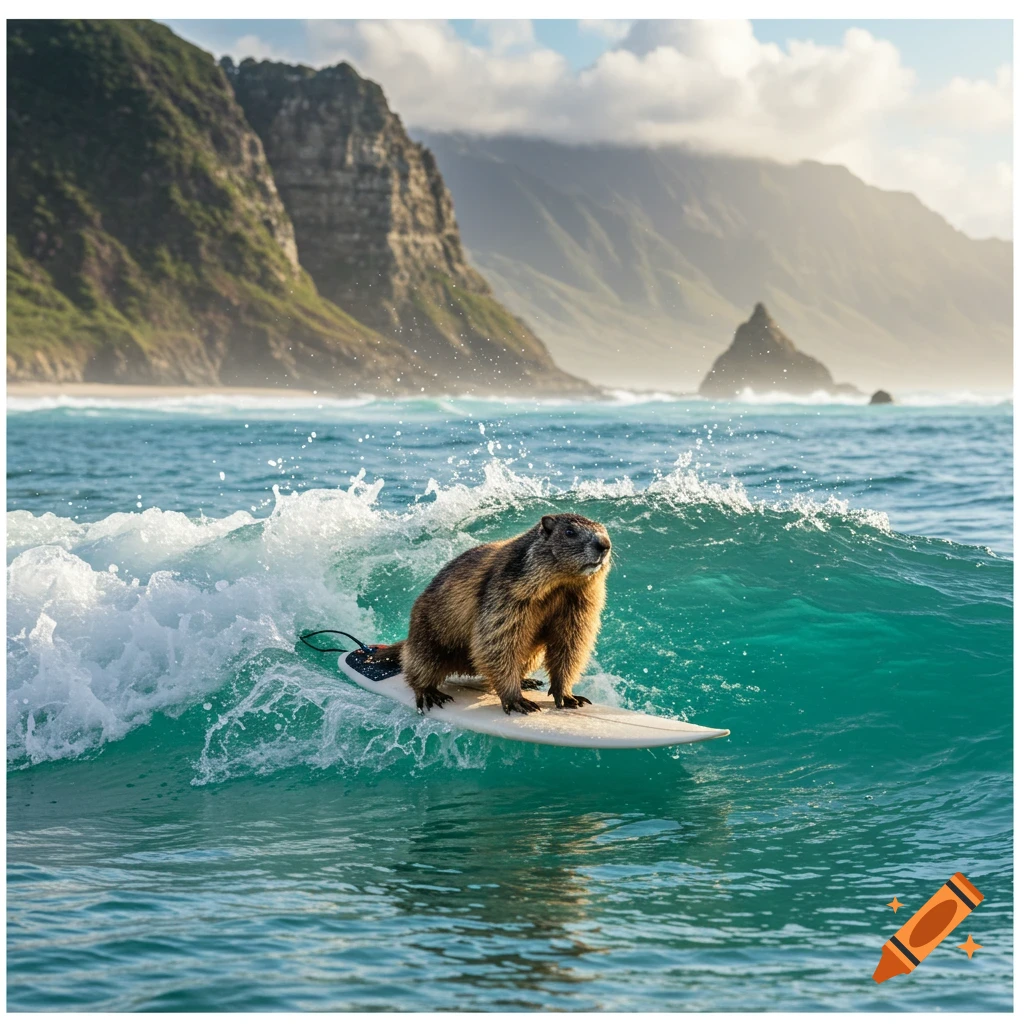 A photorealistic image of a marmot surfing on a wave with mountains in the background.
