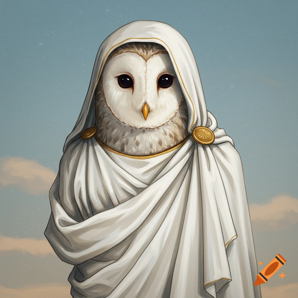A barn owl wearing a white Roman toga against a sky background.