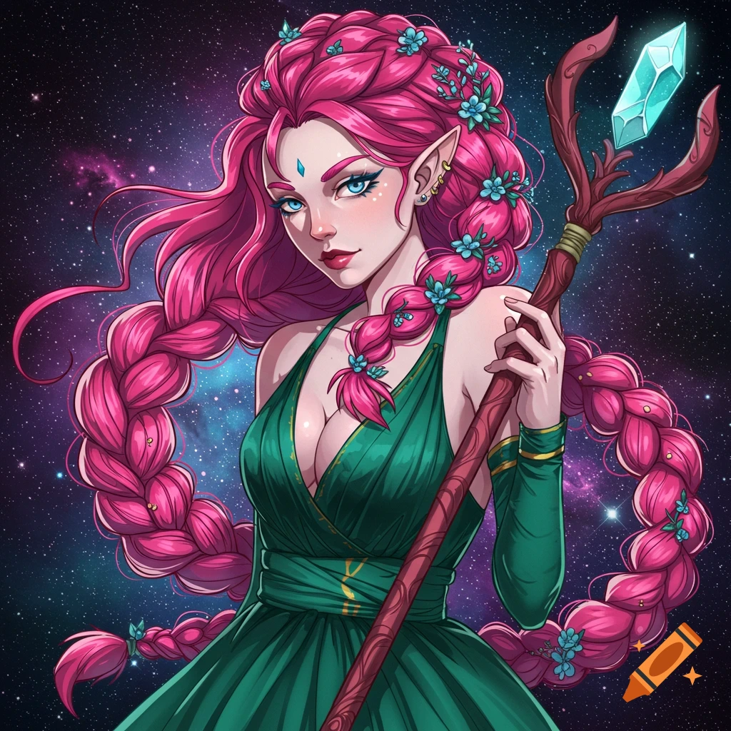 A fantasy character with pink braided hair, green dress, staff, and elf ears is set against a starry sky.