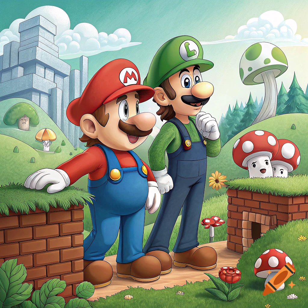 Mario and Luigi stand in a cartoon landscape with mushrooms, hills, and brick blocks.