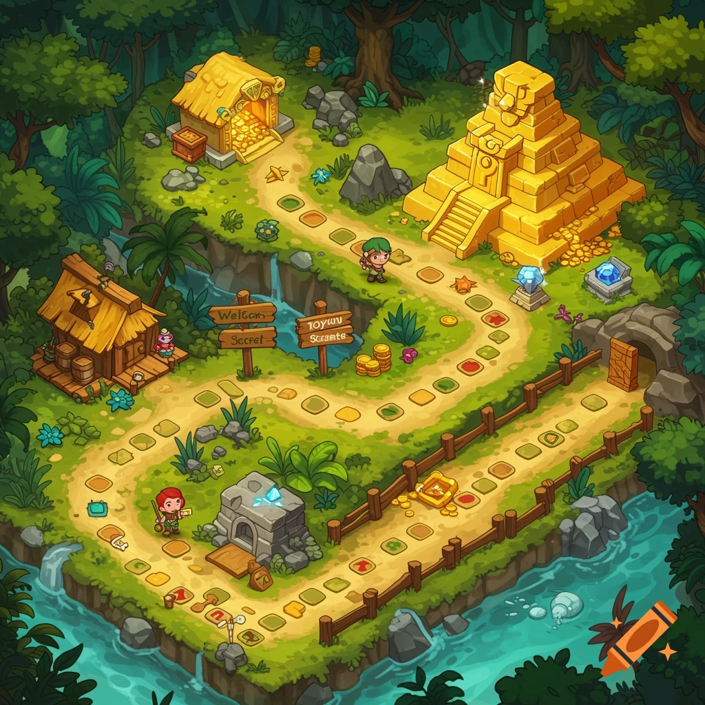 Cartoon jungle board game map with winding paths, huts, a golden temple, and small characters.