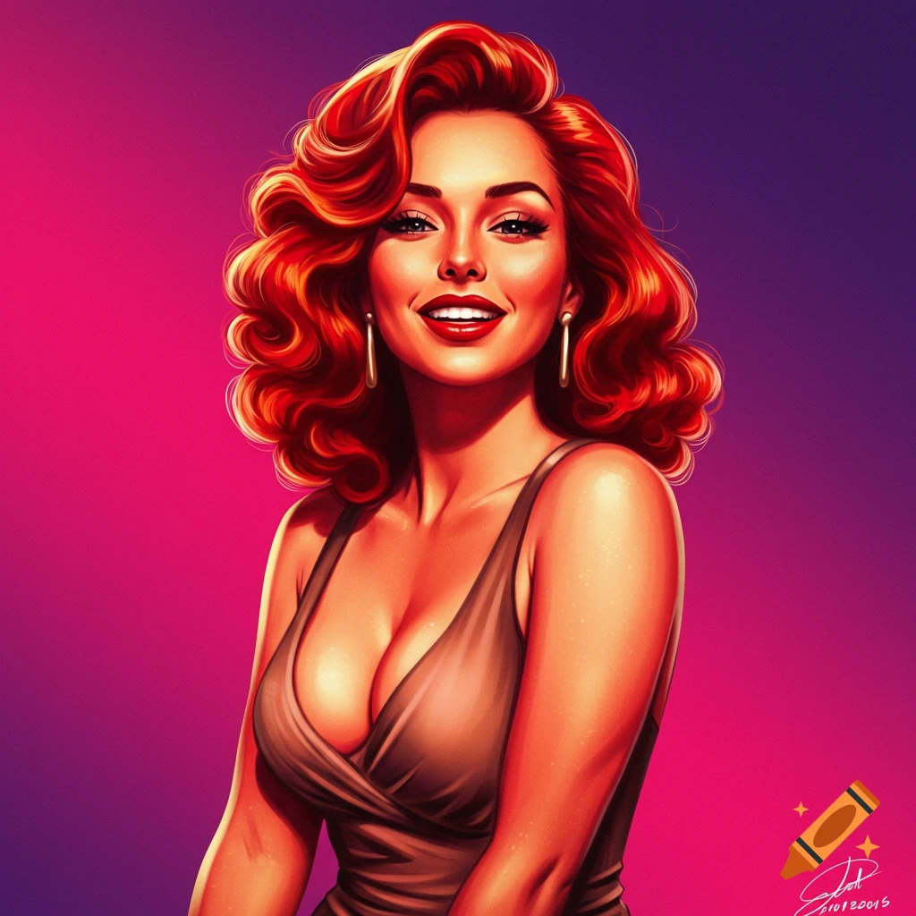 A smiling woman with red hair in a low-cut dress is shown against a gradient background.