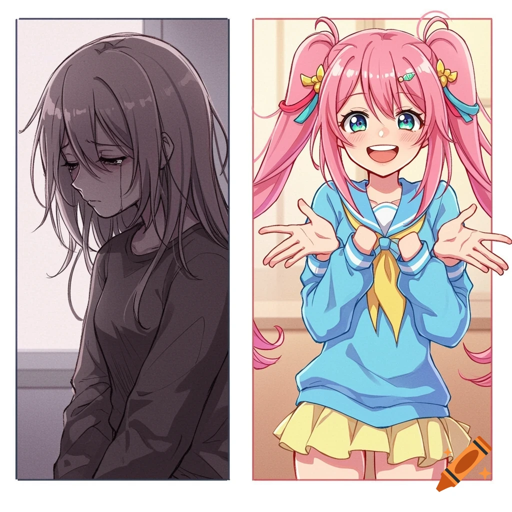 Side-by-side image of two anime girls, one sad and monochrome, the other happy and colorful.