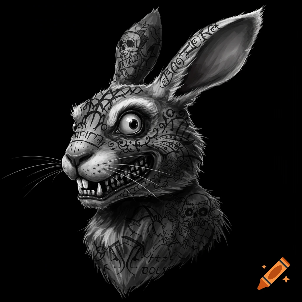 A black and white image of a crazy, evil-looking rabbit head covered in tattoos and text.