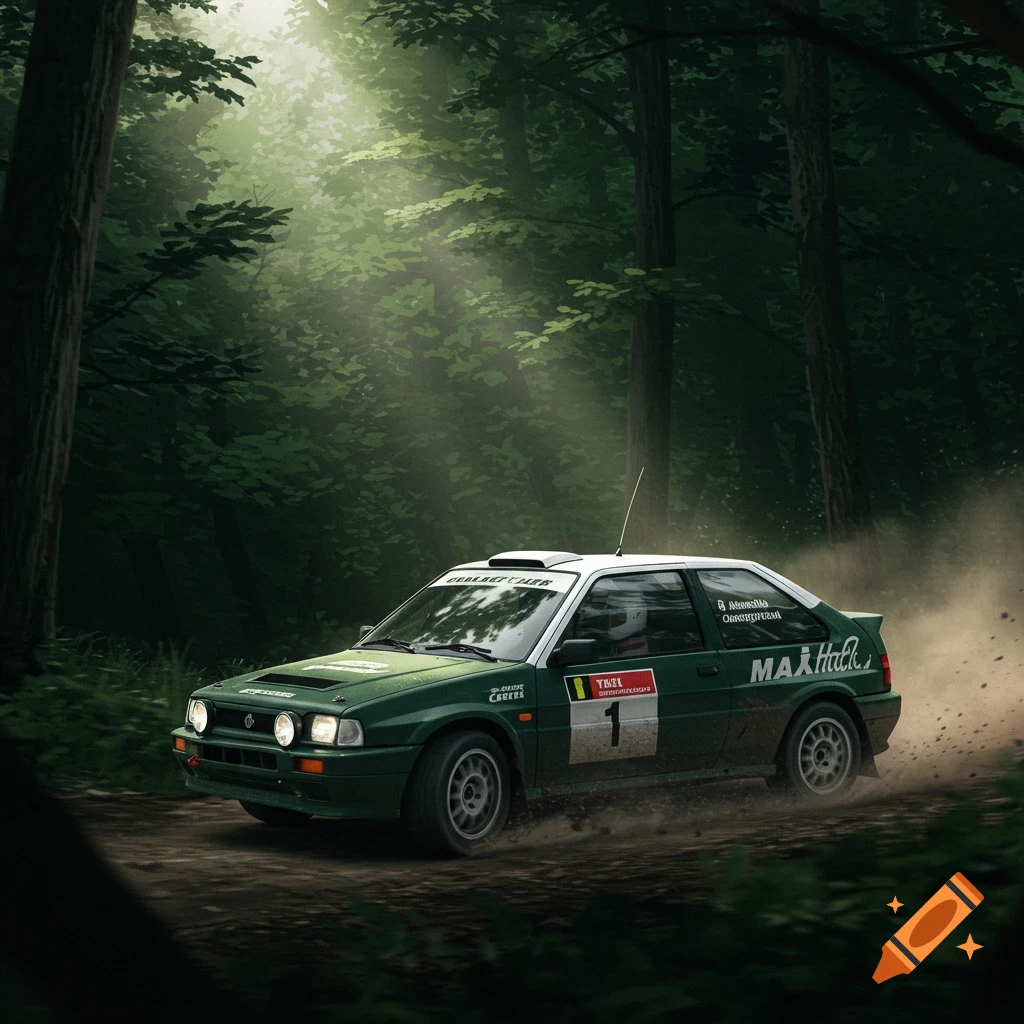 A dark green rally car kicks up dust on a forest trail.
