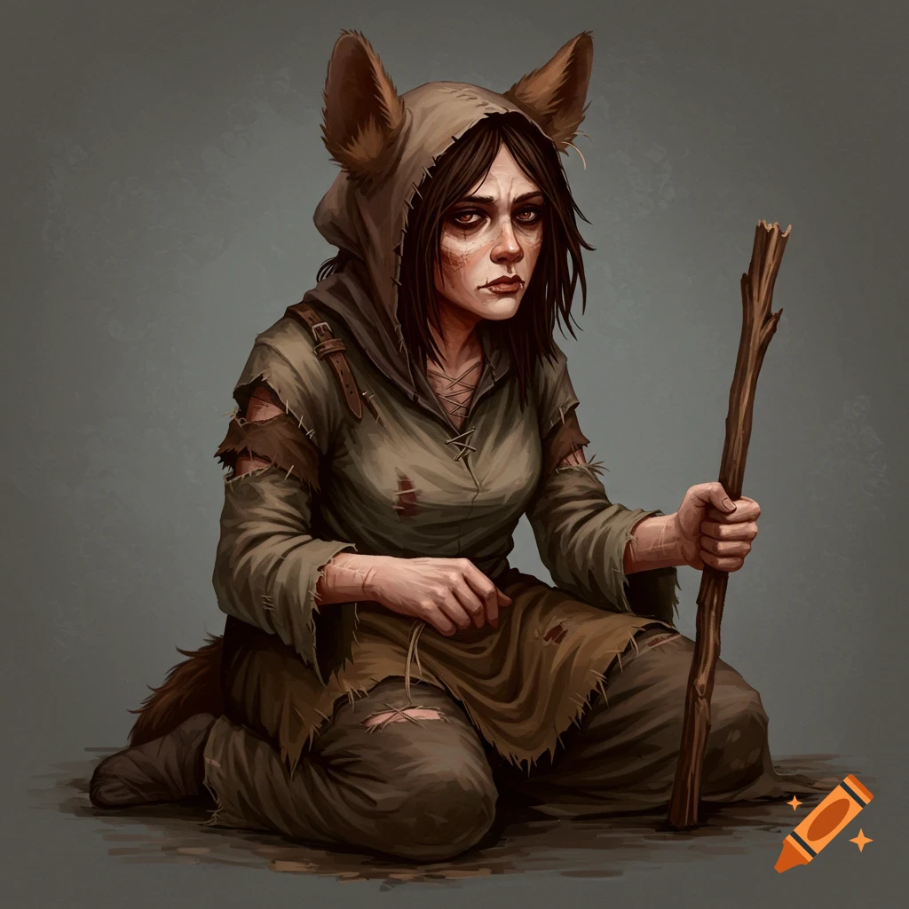 A kneeling woman in ragged clothing with dog ears is holding a stick.