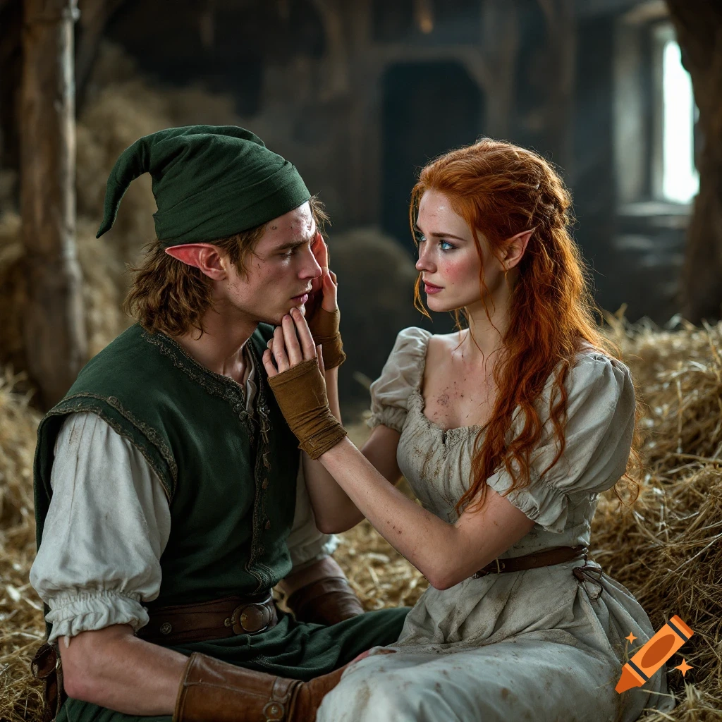 Two elves sit in a barn, one tending to the other's face, photorealistic.
