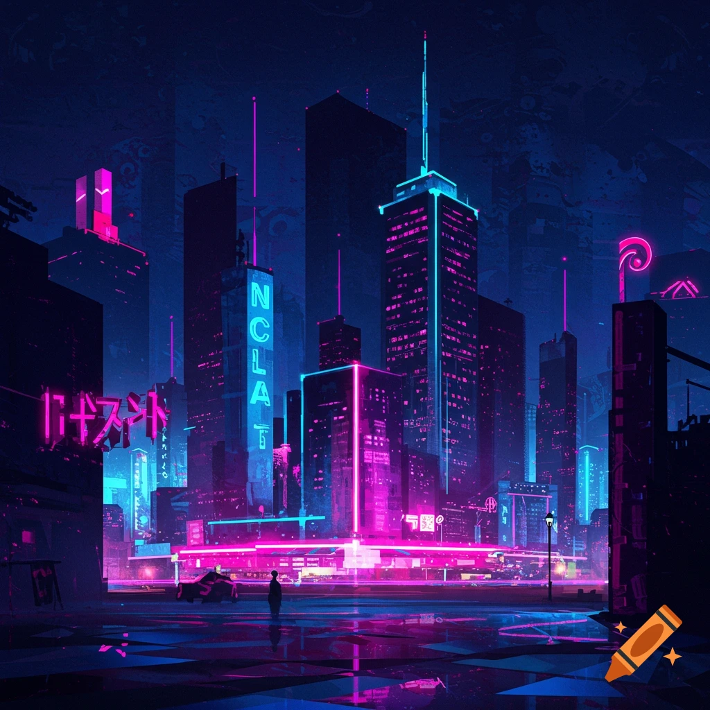 A futuristic nighttime cityscape illuminated by vibrant neon lights.